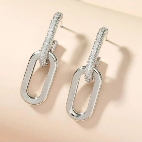 Silver Diamond Chain Link Earrings - Picture 2 of 3